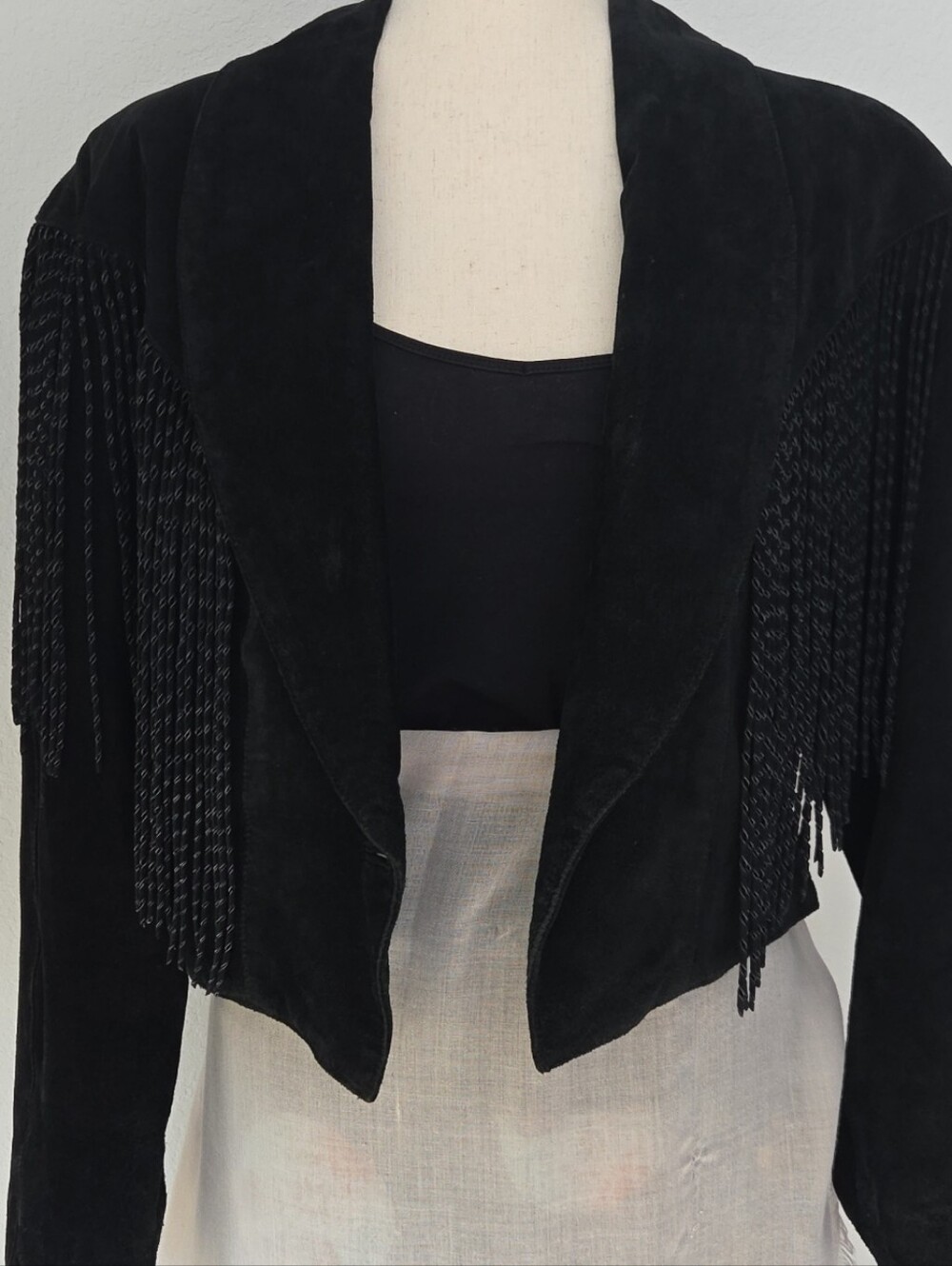 Vintage 80s Black Suede Fringe Cropped Leather Jacket Western Biker Rock Boho